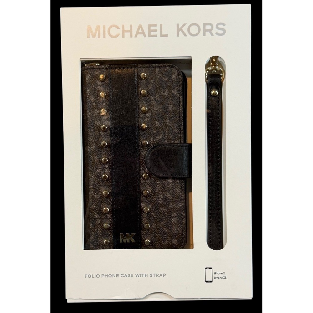 Michael Kors Womens Studded Logo Wristlet Folio Case For iPhone X/XS Brown